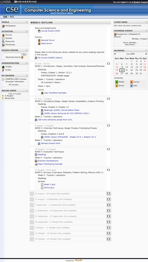 The moodle site for class. The screen that you will normally see each time you log in to moodle.